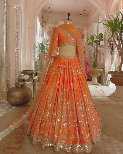 Orange Color Taffeta Silk Embroidered Work Lehenga Choli