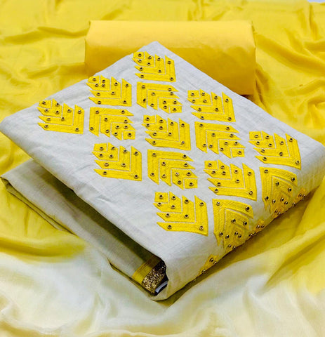 Yellow Color Occasion Wear Cotton Designer Fancy Work Salwar Suit For Women