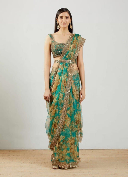 Knockout Firozi Color Party Wear Organza Sequence Work Saree Blouse