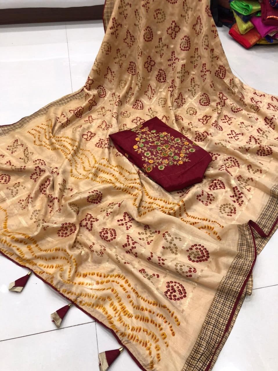 Phenomenal Cream Color Wedding Wear Malbari Silk Bandhani Printed Saree Blouse