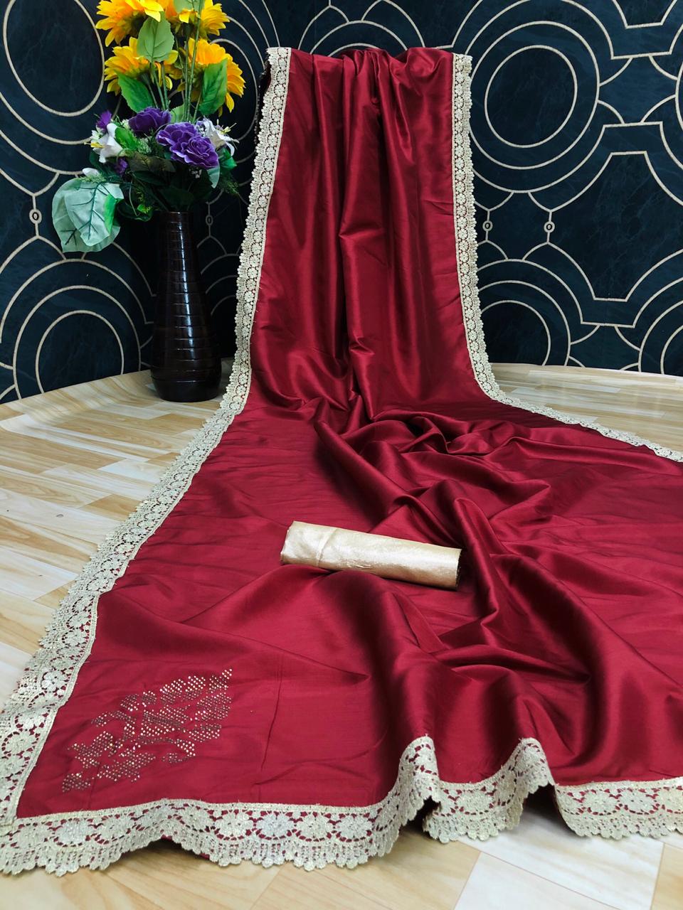 Maroon Color Embroidered Diamond Butta Work Silk Wedding Wear Designer Saree Blouse