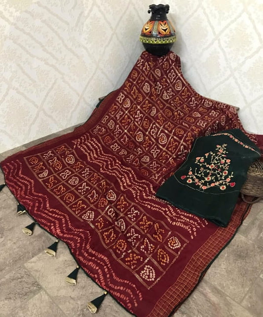 Superlative Maroon Color Function Wear Printed Bandhani Design Malbari Silk Saree Blouse