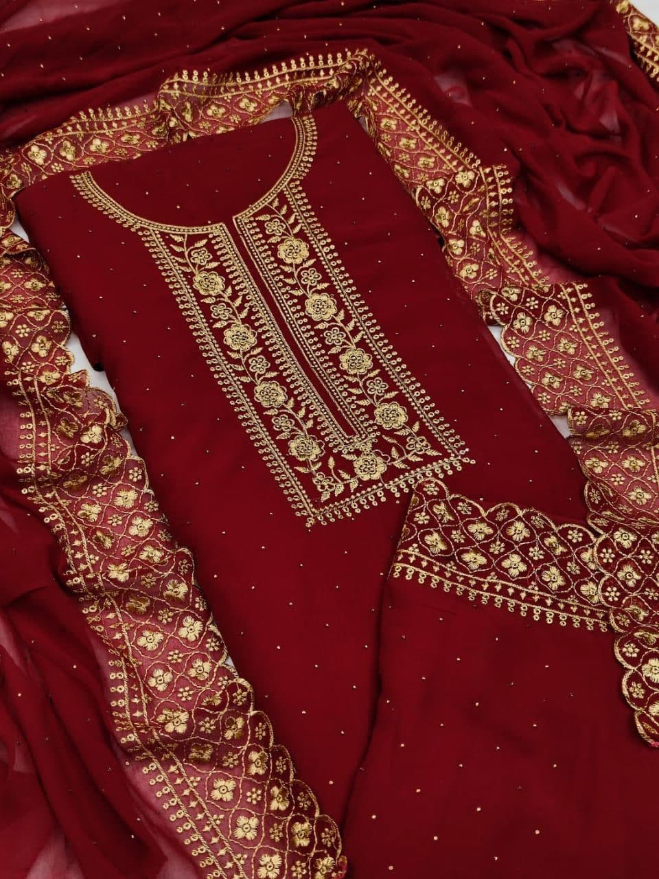 Fashionable Maroon Color Multi Embroidered Work Designer Georgette Salwar Suit