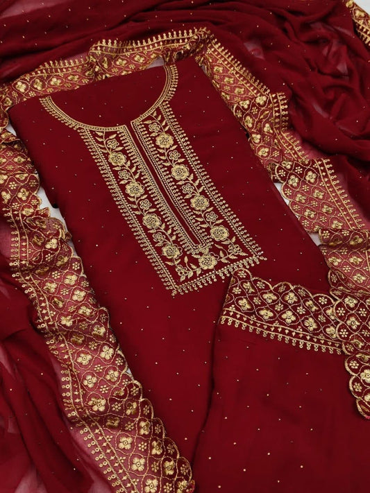 Fashionable Maroon Color Multi Embroidered Work Designer Georgette Salwar Suit