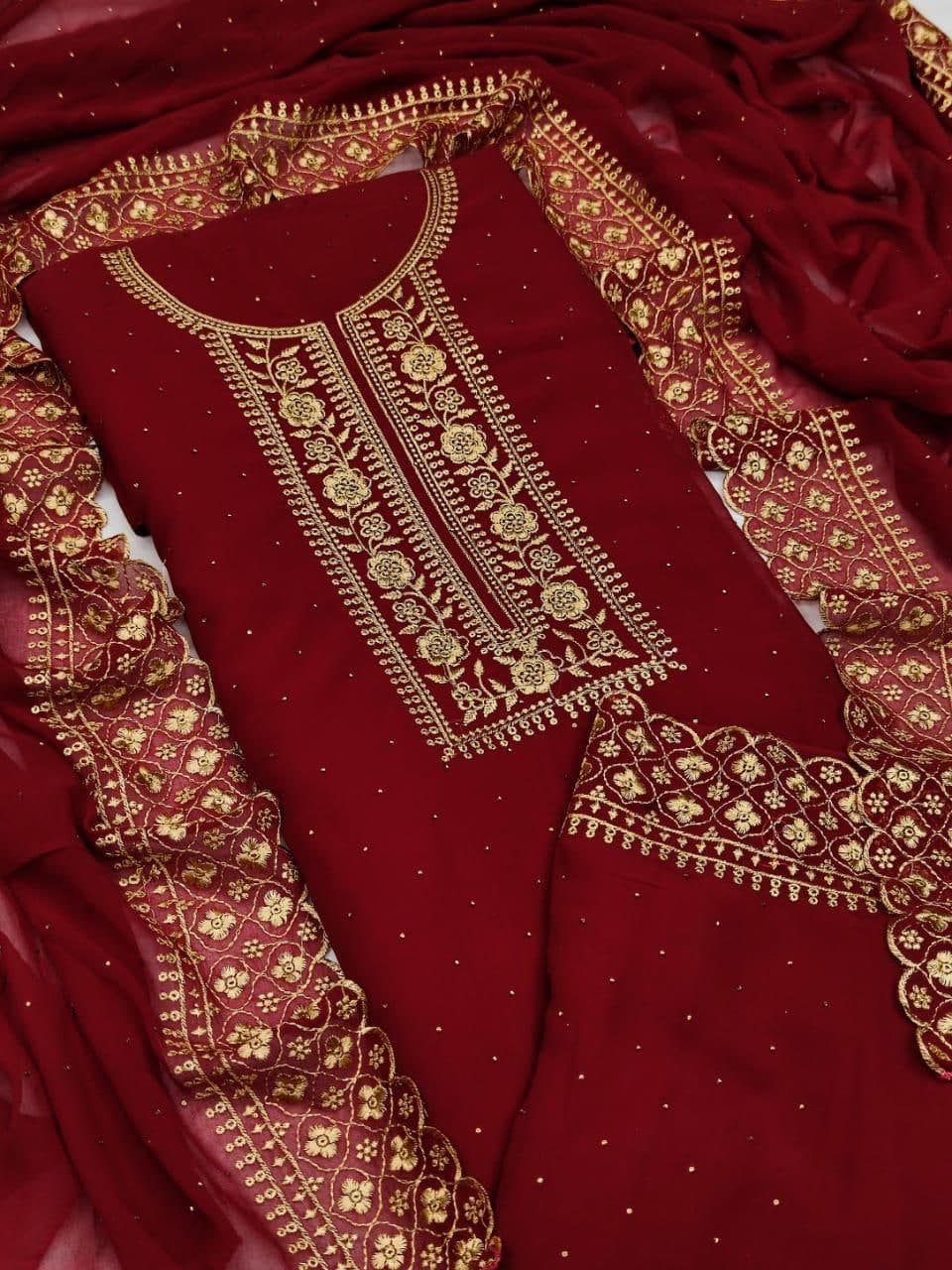 Fashionable Maroon Color Multi Embroidered Work Designer Georgette Salwar Suit