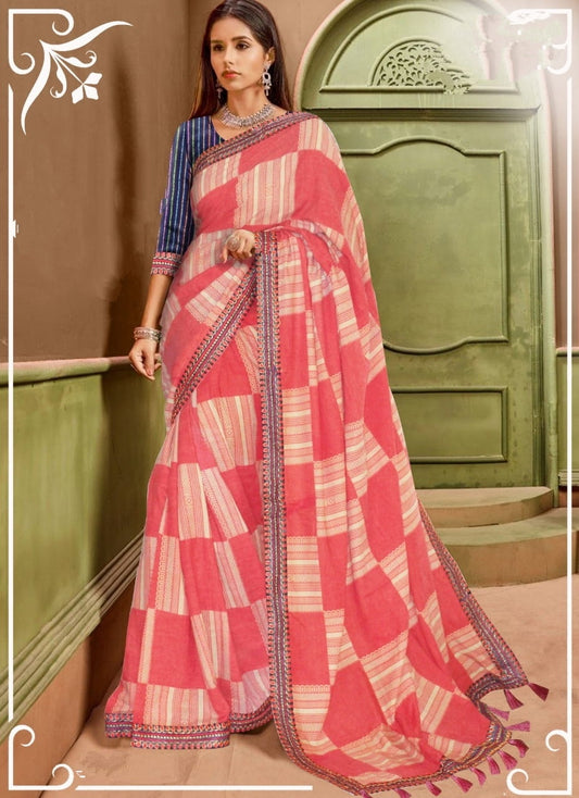 Light Pink Color Embroidered Work Lace Cotton Designer Saree Blouse For Party Wear