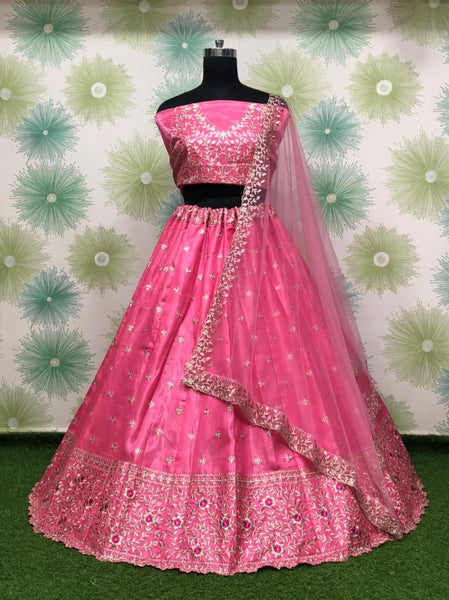 Adorable Pink Color Satin Silk Embroidered Work Wedding Wear Lehenga Choli