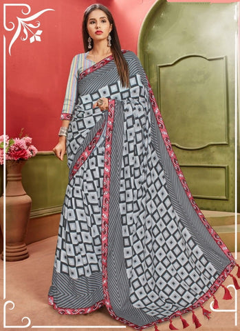 Grey Color Embroidered Lace Work Cotton Designer Saree Blouse For Function Wear