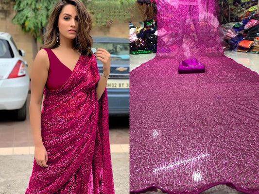 Rani Pink Color Fancy Net Embroidered Sequence Ton To Ton Work Designer Saree Blouse