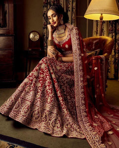 Maroon Color Designer Wedding Wear Velvet Coding Embroidered Work Latest Design Lehenga Choli