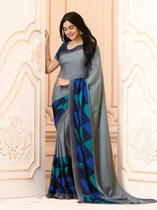 Admiring Grey Color Designer Georgette Printed Indian Wear Saree Blouse