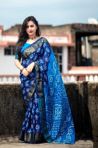 Blue Color Party Wear Art Silk Designer Bandhani Jacquard Weaving Work Designer Saree Blouse