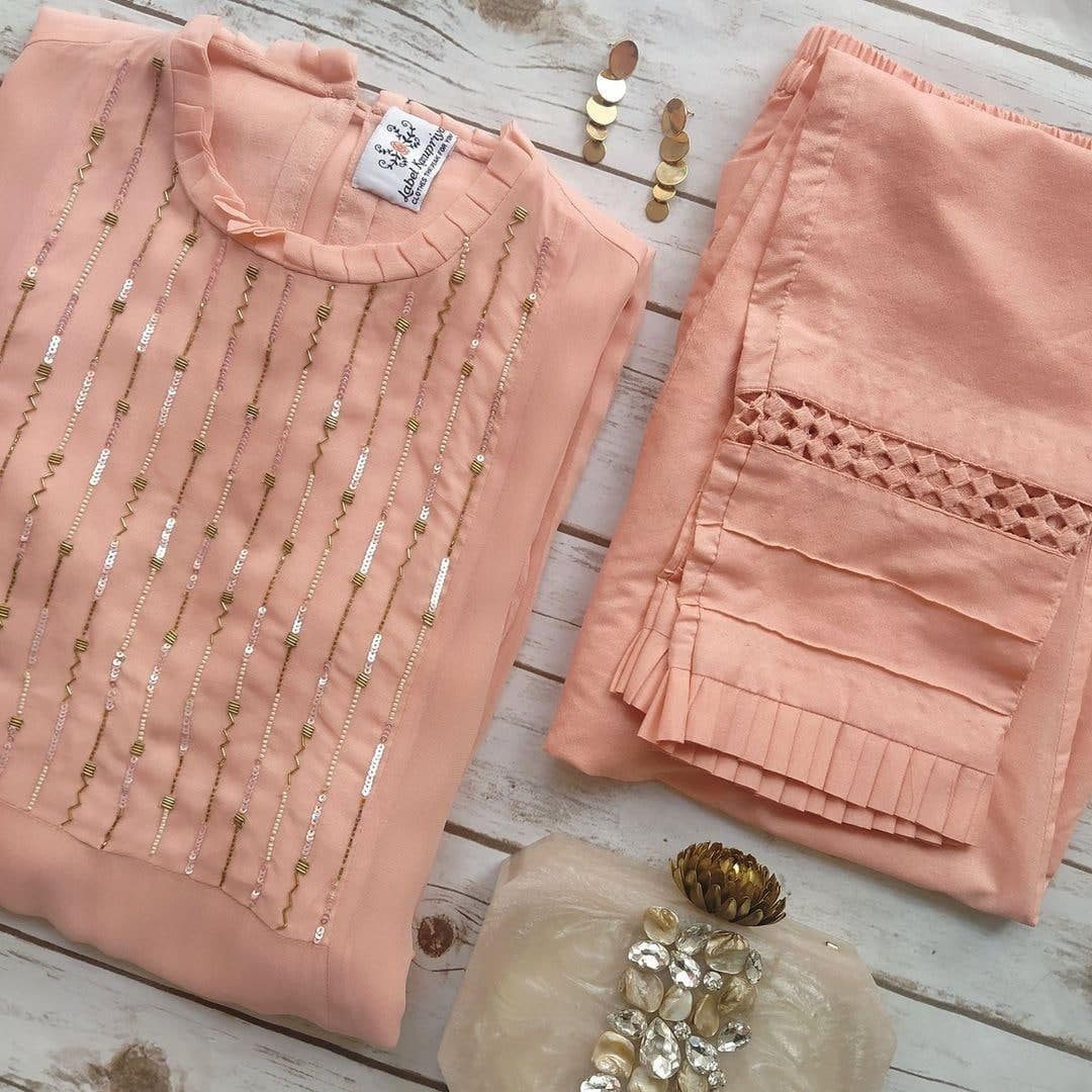 Dazzling Peach Color Cotton Silk Ready Made Party Wear Hand Work Pent Kurti