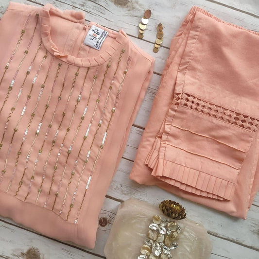 Dazzling Peach Color Cotton Silk Ready Made Party Wear Hand Work Pent Kurti