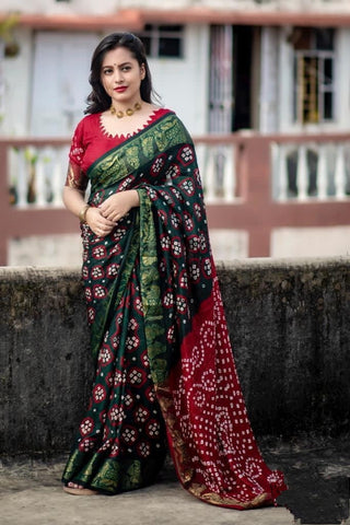 Dark Green Color Designer Weaving Jacquard Bandhani Art Silk Wedding Wear Designer Saree Blouse