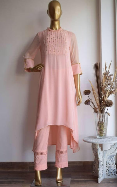 Dazzling Peach Color Cotton Silk Ready Made Party Wear Hand Work Pent Kurti