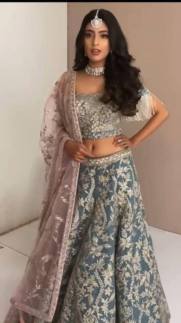 Grey Wedding Wear Designer Net Chine Stitched Work Lehenga Choli