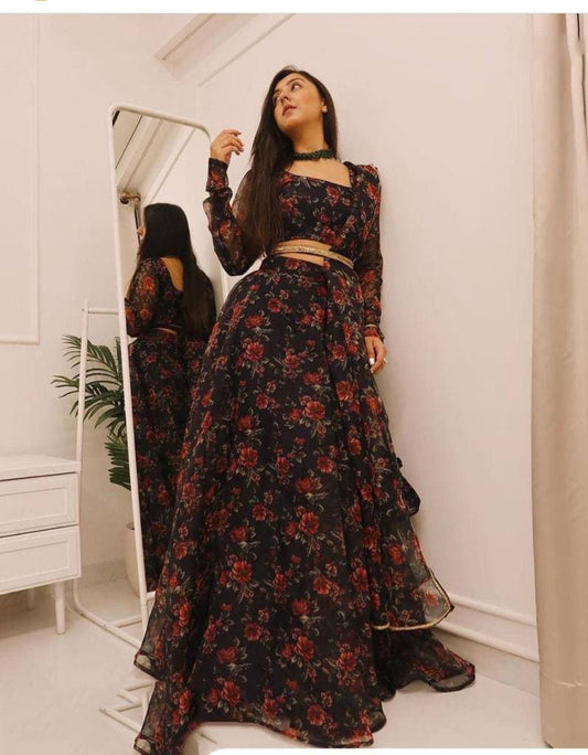 Excellent Black Color Digital Printed Organza Lehenga Choli For Occasion Wear