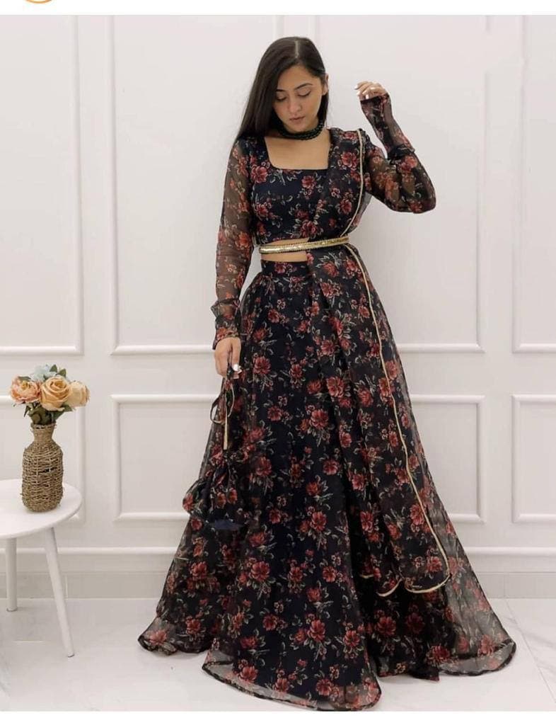 Excellent Black Color Digital Printed Organza Lehenga Choli For Occasion Wear
