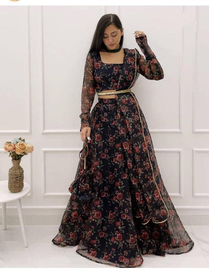 Excellent Black Color Digital Printed Organza Lehenga Choli For Occasion Wear