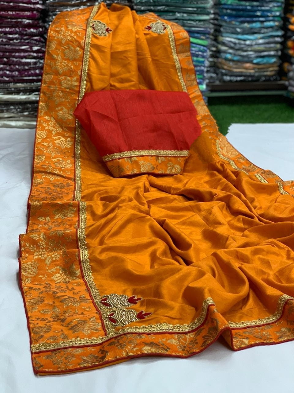 Mustard Color Designer Dola Silk Jacquard Border Hand Work Designer Saree Blouse