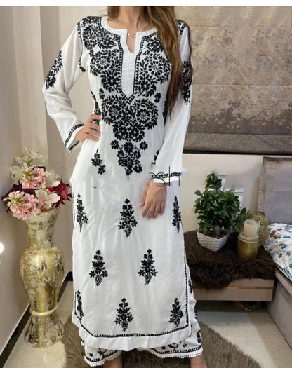 Dismaying White Color Regular Wear Georgette Chine Stitched Work Plazo Kurti