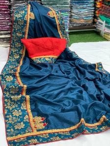 Rama Blue Color Party Wear Dola Silk Designer Jacquard Border Hand Work Designer Saree Blouse