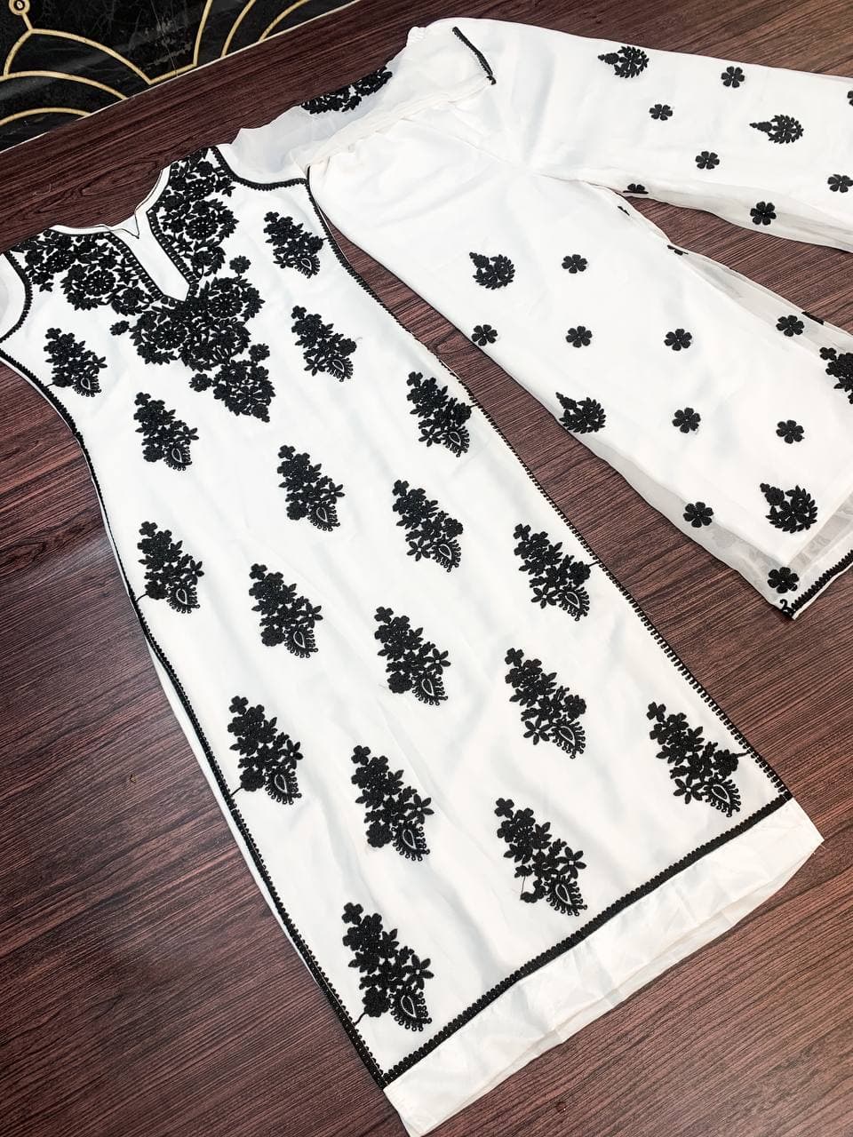 Dismaying White Color Regular Wear Georgette Chine Stitched Work Plazo Kurti