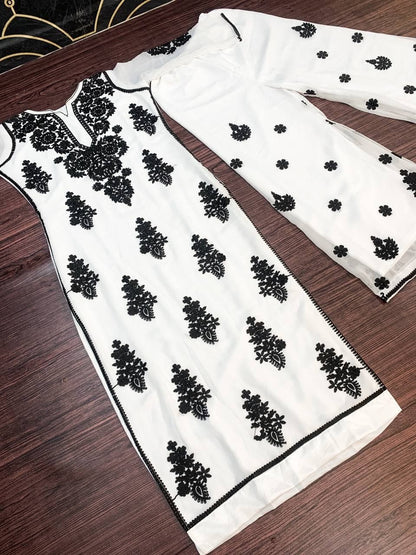 Dismaying White Color Regular Wear Georgette Chine Stitched Work Plazo Kurti