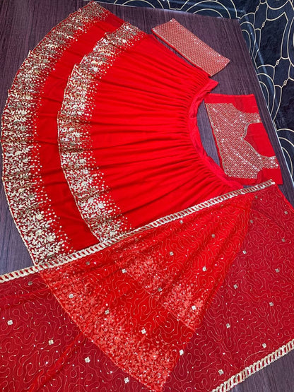 Party Wear Red Color Dashing Georgette Sequence Work Lehenga Choli