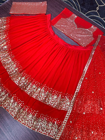 Party Wear Red Color Dashing Georgette Sequence Work Lehenga Choli