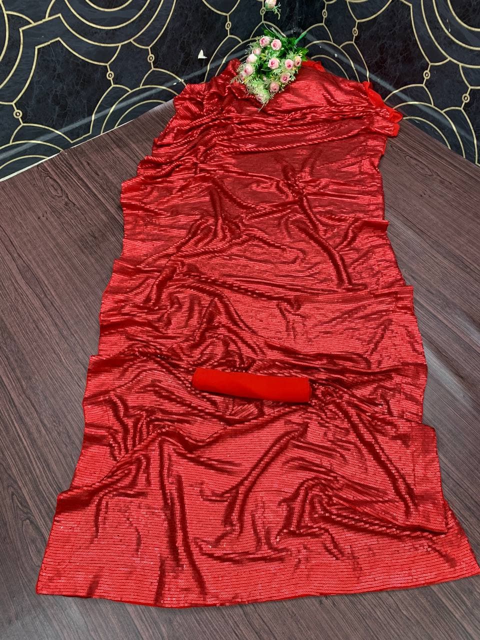 Red Color Function Wear Georgette Sequence Work Saree Blouse