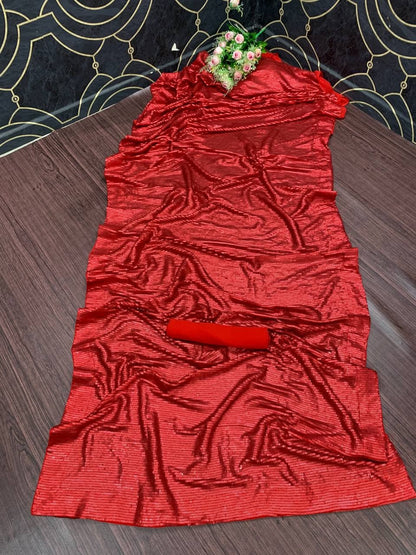 Red Color Function Wear Georgette Sequence Work Saree Blouse