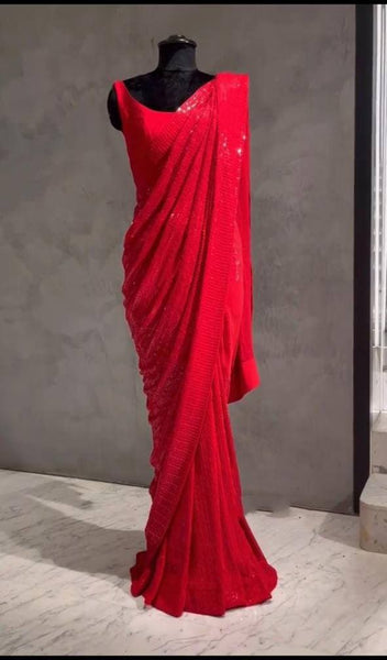Red Color Function Wear Georgette Sequence Work Saree Blouse