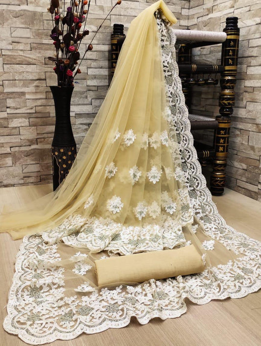 Cream Color Wedding Wear Designer Soft Mono Nylon Net All Over Chain Stitch Embroidered Capsule Moti Hand Jharkhan Work Designer Saree Blouse