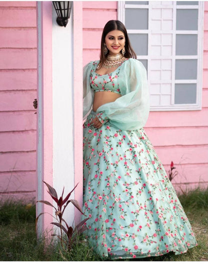Novelty Light Blue Color Occasion Wear Organza Chine Stitched Work Lehenga Choli