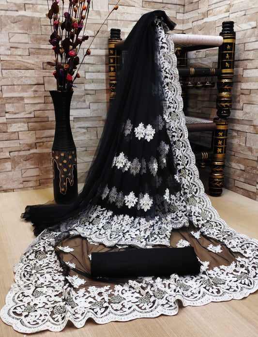 Black Color Designer All Over Jharkhan Capsule Moti Chain Stitch Embroidered Work Soft Mono Nylon Net Designer Saree Blouse