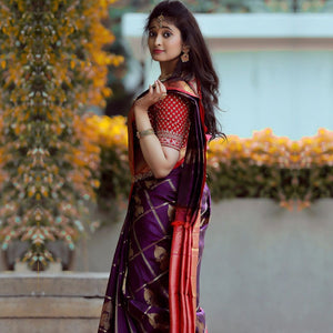 Violet Color Festive Wear Lichi Silk All Over Jacquard Designer Work Designer Saree Blouse
