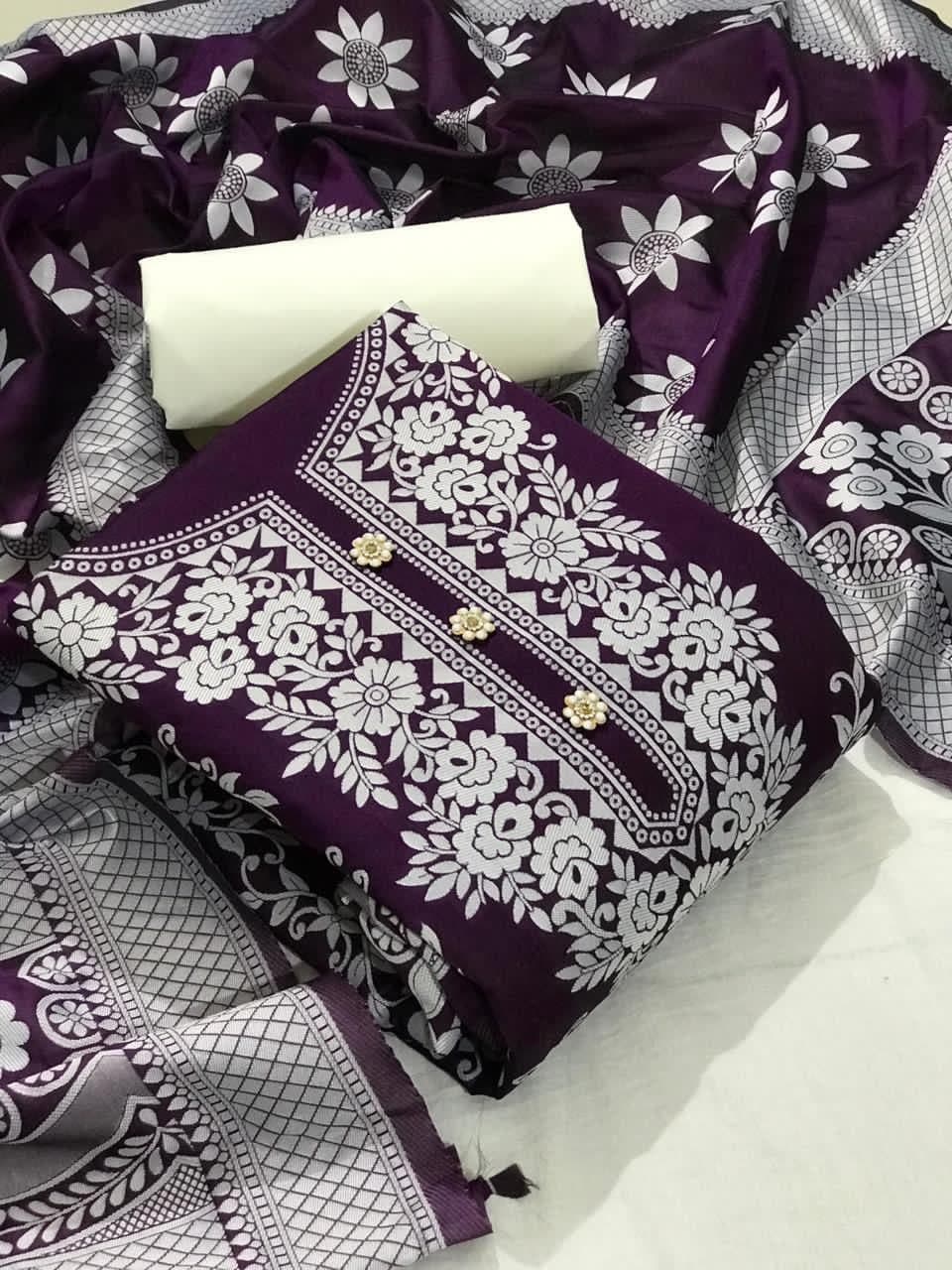Good-looking Wine Color Jacquard Weaving Banarasi Silk Salwar Suit For Women