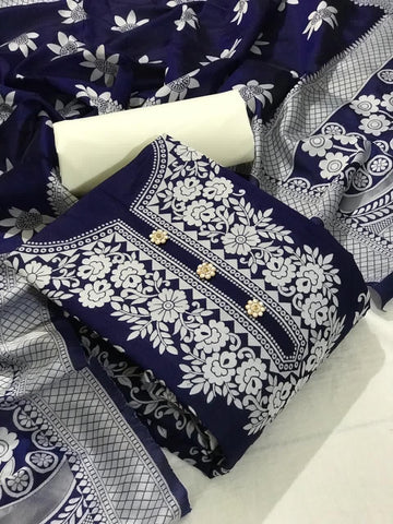 Stupendous Navy Blue Color Silk Banarasi Weaving Jacquard Fancy Salwar Suit For Party Wear