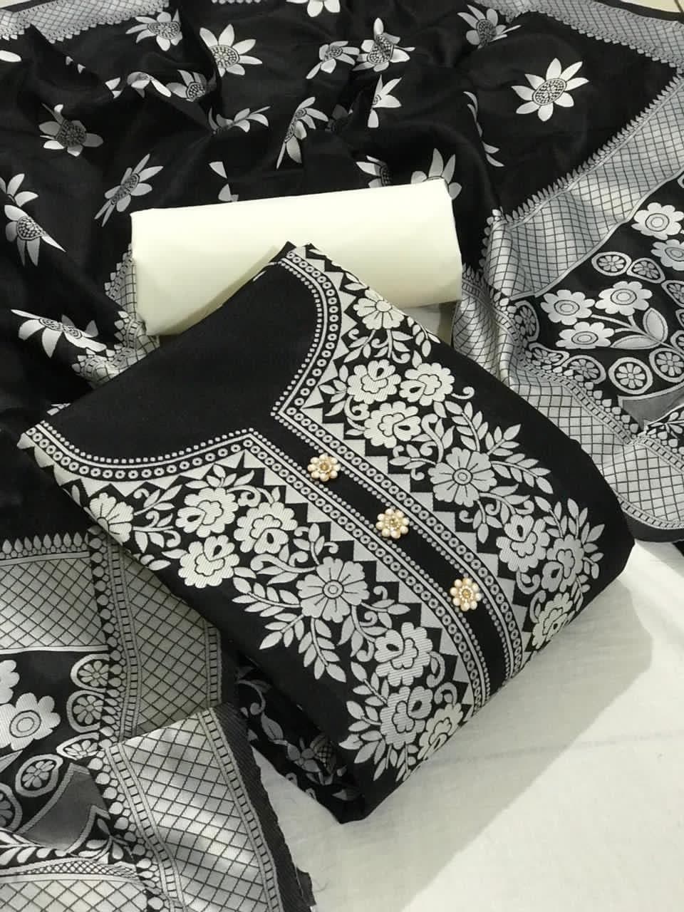 Enamoring Black Color Banarasi Silk Jacquard Weaving Salwar Suit For Ladies