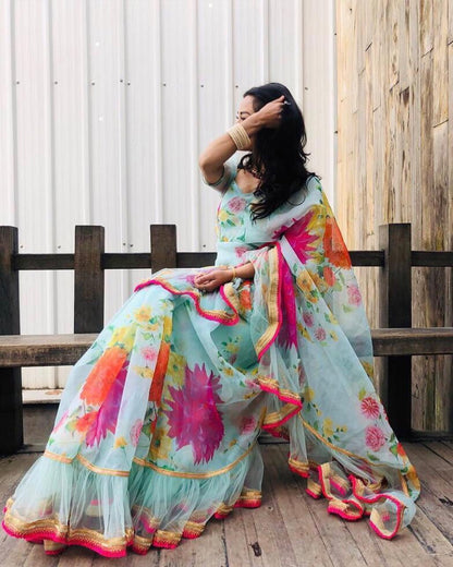 Sky Blue Color Wedding Wear Georgette Ruffle Net Designer Digital Printed Designer Saree Blouse