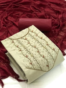 Dismaying Cream Color Hand Work Fancy Cotton Salwar Suit For Regular Wear