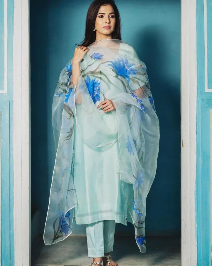 Gorgeous Light Blue Color Party Wear Cotton Silk Salwar Suit For Women