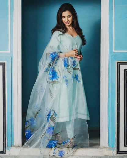 Gorgeous Light Blue Color Party Wear Cotton Silk Salwar Suit For Women