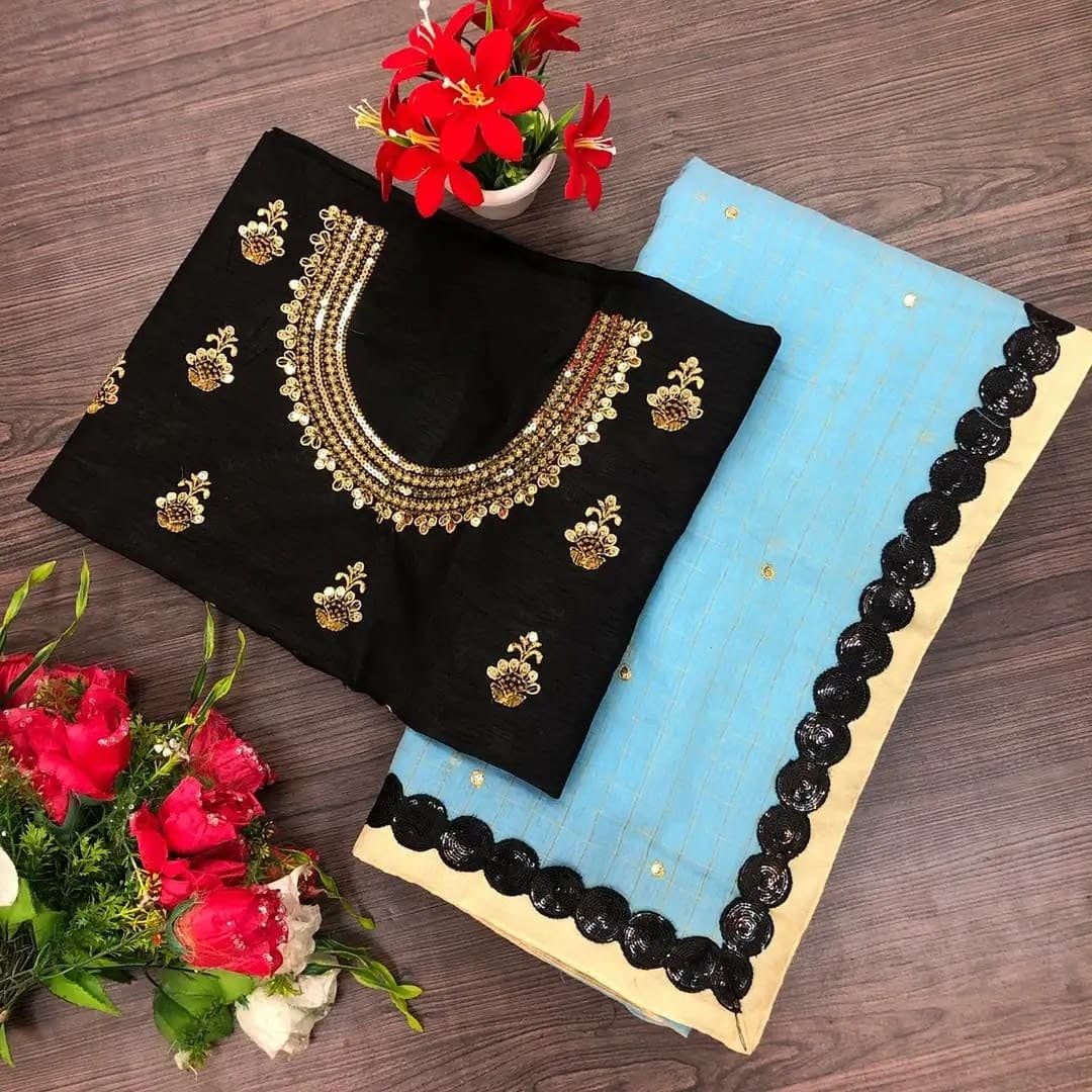 Mind-blowing Light Blue Festive Wear Chanderi Cotton Sequence Work Saree Blouse