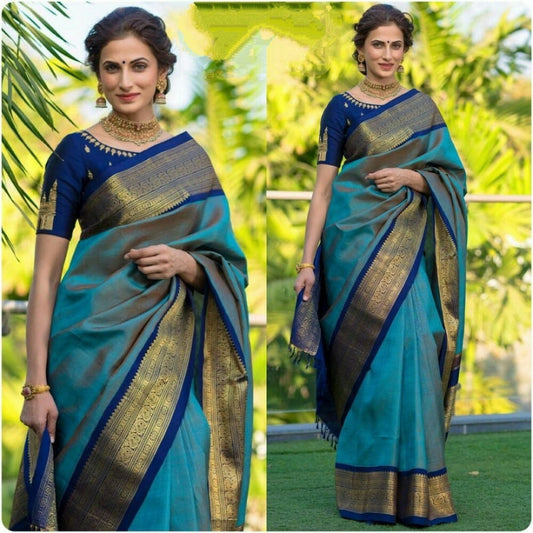 Sky Blue Color Soft Lichi Silk Two Tone All Over Jacquard Work Wedding Wear Designer Saree Blouse