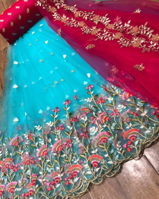 Lovable Sky Blue Color Function Wear Organza Zari Cut Work Lehenga Choli