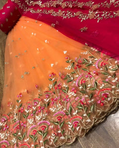 Trendy Orange Color Wedding Wear Zari Cut Thread Work Organza Lehenga Choli