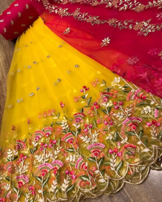 Jazzy Yellow Color Occasion Wear Organza Zari Cut Work Designer Lehenga Choli